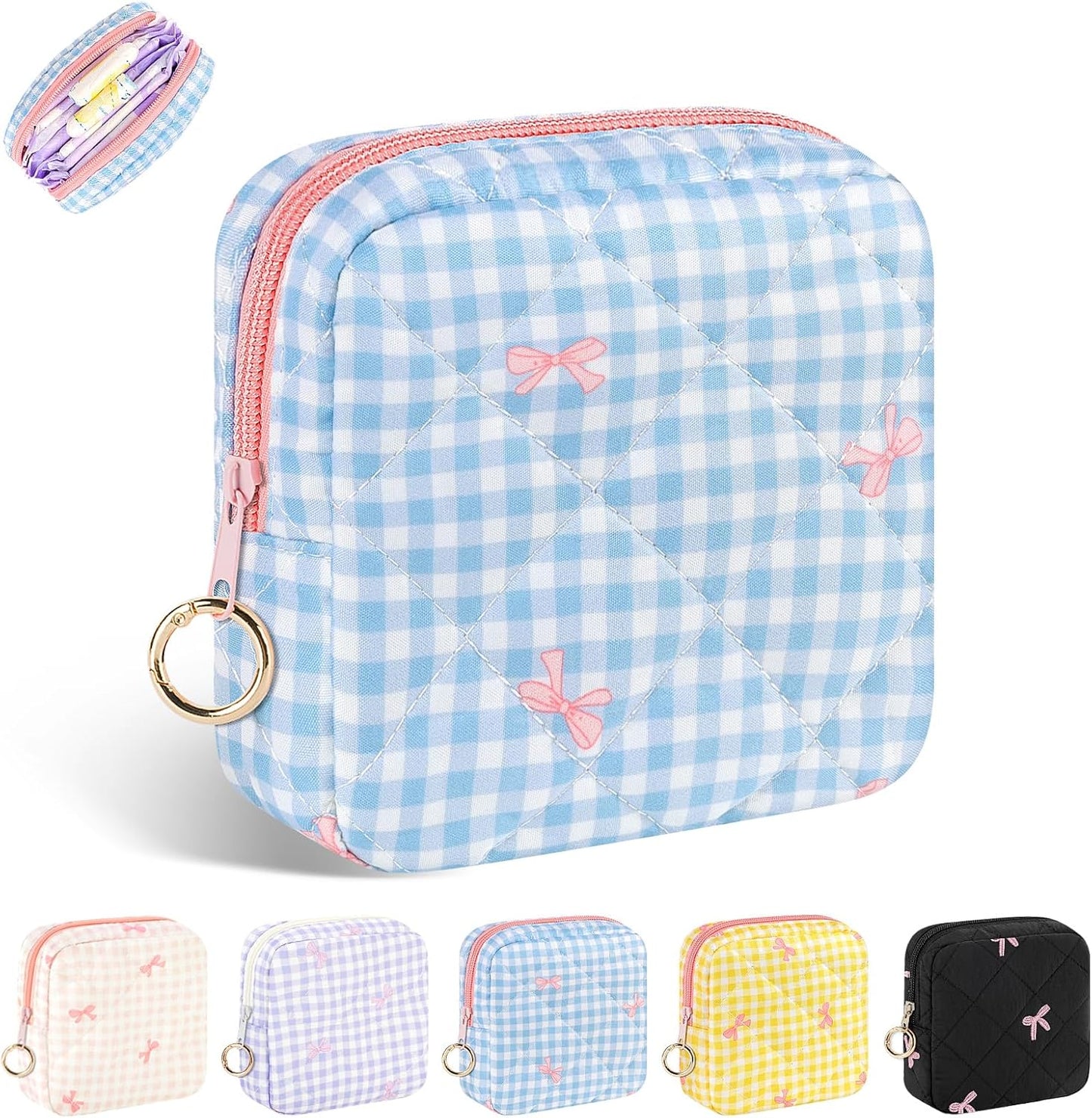 Period Bag for Teen Girls, Quilted Sanitary Napkin Storage Bag, Cute Bow Tie Menstrual Pad Pouch Tampon Holder (Plaid Blue)