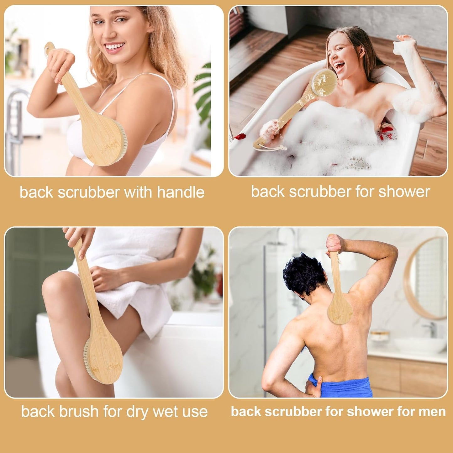 OWIIZI Back Scrubber Brush for Shower, Round Head Bristle Body Large Area Deep Cleanse Bath Brushes, Bamboo Long Handle Skin Exfoliator for Men Women Elders Wet or Dry Use