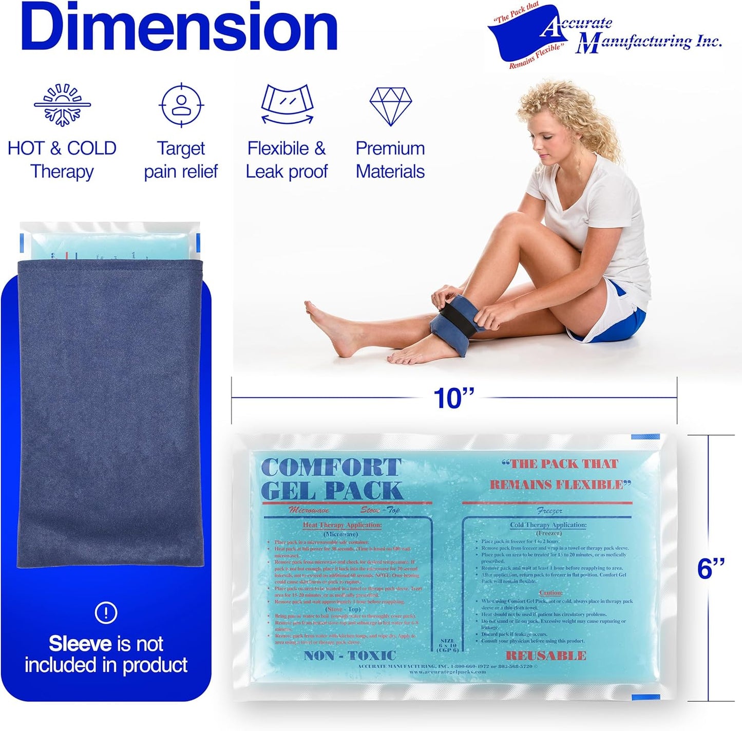 Flexible Reusable Gel Packs for Neck, Wrist, Arm, Back and Shoulder Pain Relief - Versatile Hot or Cold Gel Packs for Injuries, Sore Muscles or Toothache Pain Relief, Blue, 6" x 10", 2 Pack