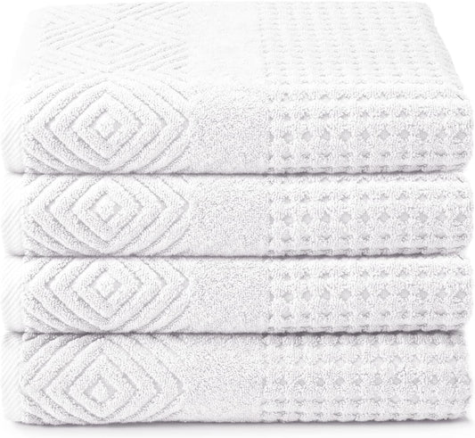 Texere 100% Organic Cotton Diamond Jacquard 700 GSM Luxury Bath Towel Sets - Ultra Soft and Absorbent Hotel and Spa Quality (Diamond, Bright White, 4 Bath Towels)