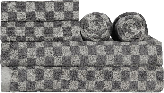 Checkered Bath Towels Set of 6 Large, 520GSM, 100% Cotton Shower Towels * 2 (55.12"*27.56"), Hand Towels * 4 (29.52"*13.77"),Towels for Bathroom、Pool、Hotel, Spa, Soft Absorbent（Grey）