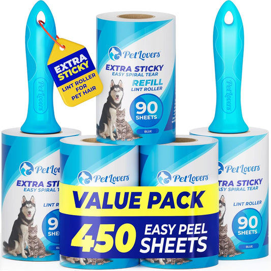 PetLovers Extra Sticky Lint Roller Mega Value Set 450 Sheets for Pet Hair Removal and Clothes, Dog and Cat Lint Remover 5 Pack Light Blue