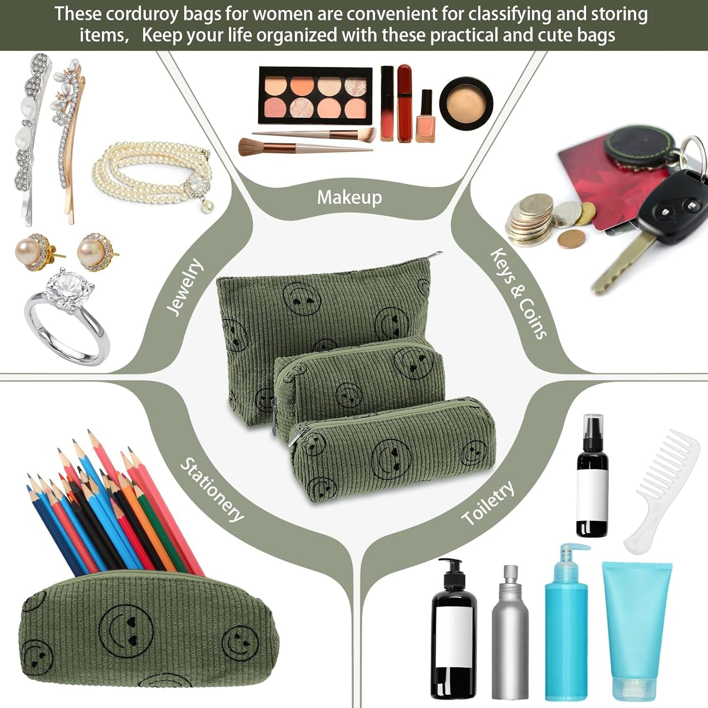 3 Pcs Makeup Bag Set for Women Corduroy Cosmetic Pouch Aesthetic Smile Travel Toiletry Bag Cute Purse Pouch Pencil Case Makeup Brushes Storage Organizer for Christmas(Army Green,Smile Face)