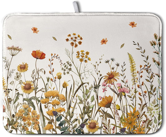 Fall Floral Dish Drying Mat for Kitchen Counter Autumn Burnt Orange Wild Flowers Dish Draining Mat Absorbent Microfiber Dishes Pad Washable Dish Drainer Rack Mat Large 18"x24"