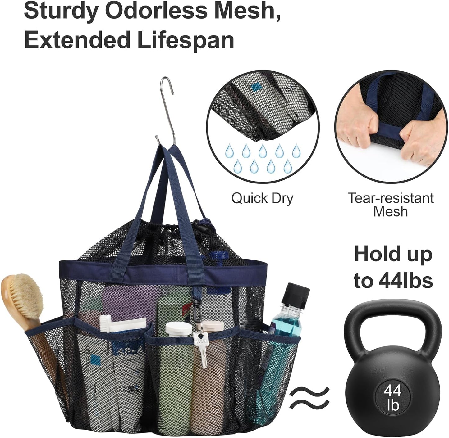 F-color Mesh Shower Caddy Portable with Drawstring - Deeper 7 Pockets Dorm Room Essentials for Guys Girls with S Hook, Shower Bag Tote for College Camping Toiletry Bathroom, Black with Dark Blue