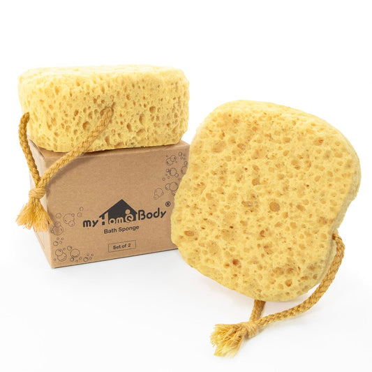 myHomeBody Bath Sponge, Foam Loofah, Body Scrubber for Bathing, Exfoliating Shower Pouf for Shower – Large Size, Lots of Lather, Square, 2 Pack