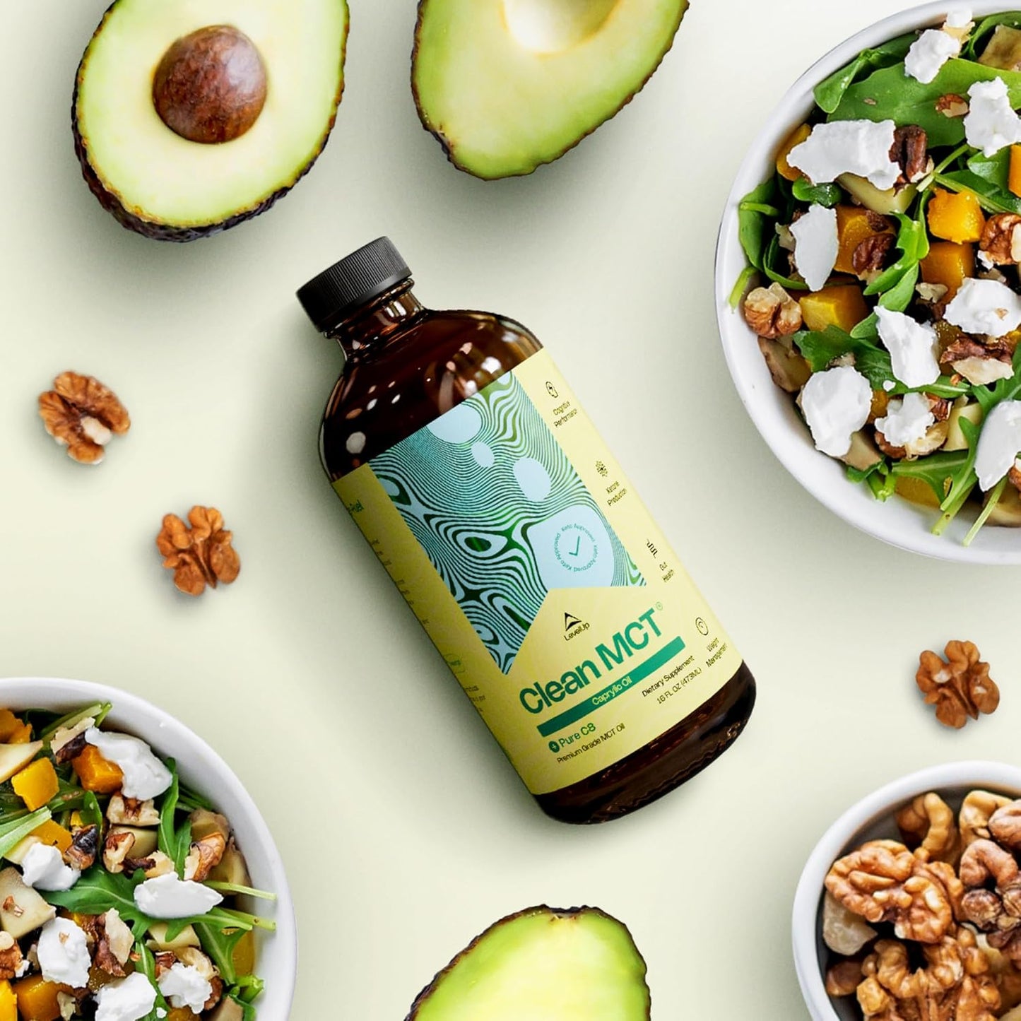 LevelUp Clean MCT Oil - 100% Caprylic C8 for Energy, Focus, Weight Management, Gut Health, Brain Superfuel - Keto Supplement for Ketogenic Coffee and Ketones - Non-GMO (16 oz Glass Bottle)