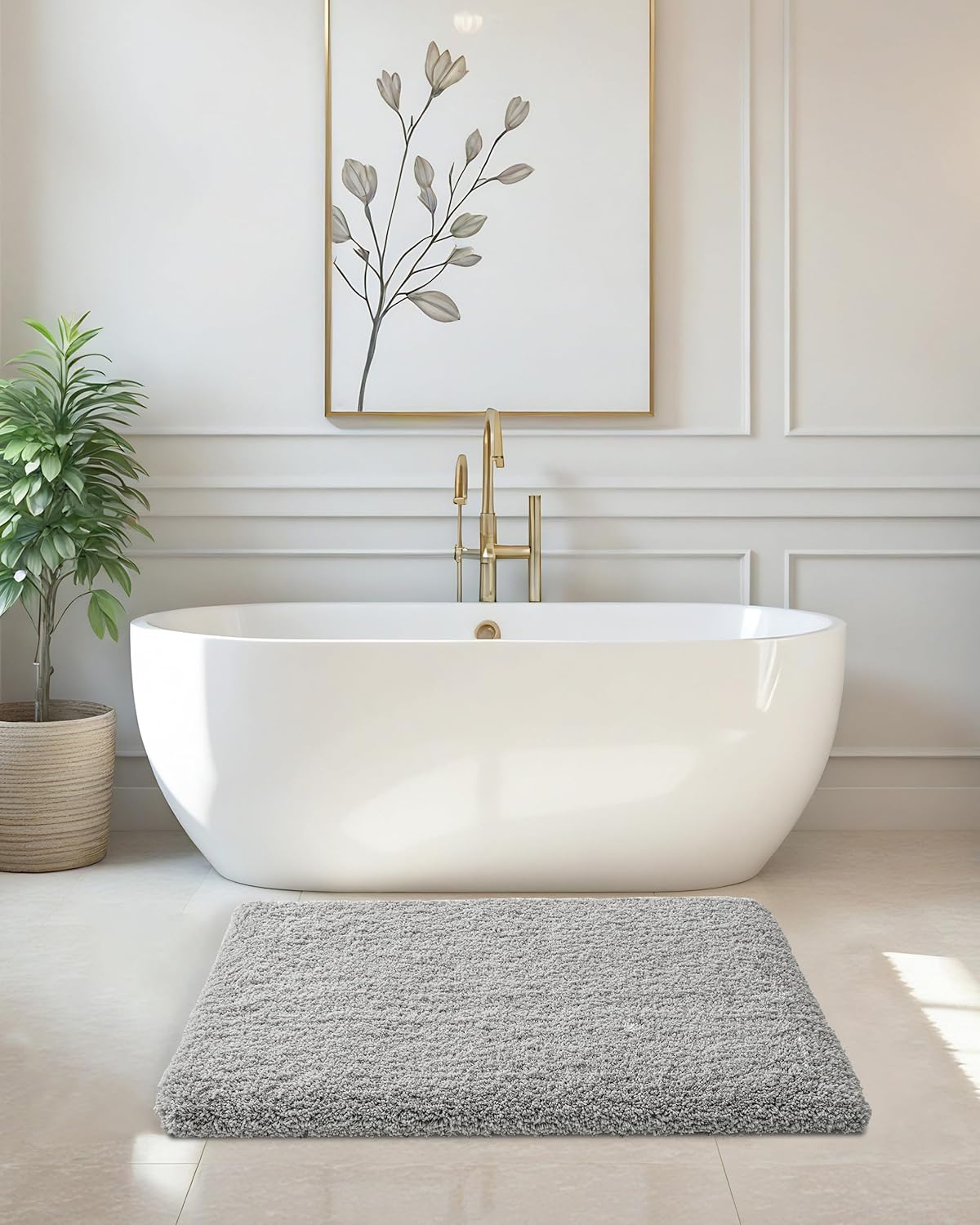 ILANGO Grey Bathroom Rugs 24" × 17" Small Non Slip & Super Absorbent Extra Thick Soft, Washable Bath Mat for Floor, Microfiber Plush Shaggy Bath Rug with Rubber for Bathtub Shower Room Sink