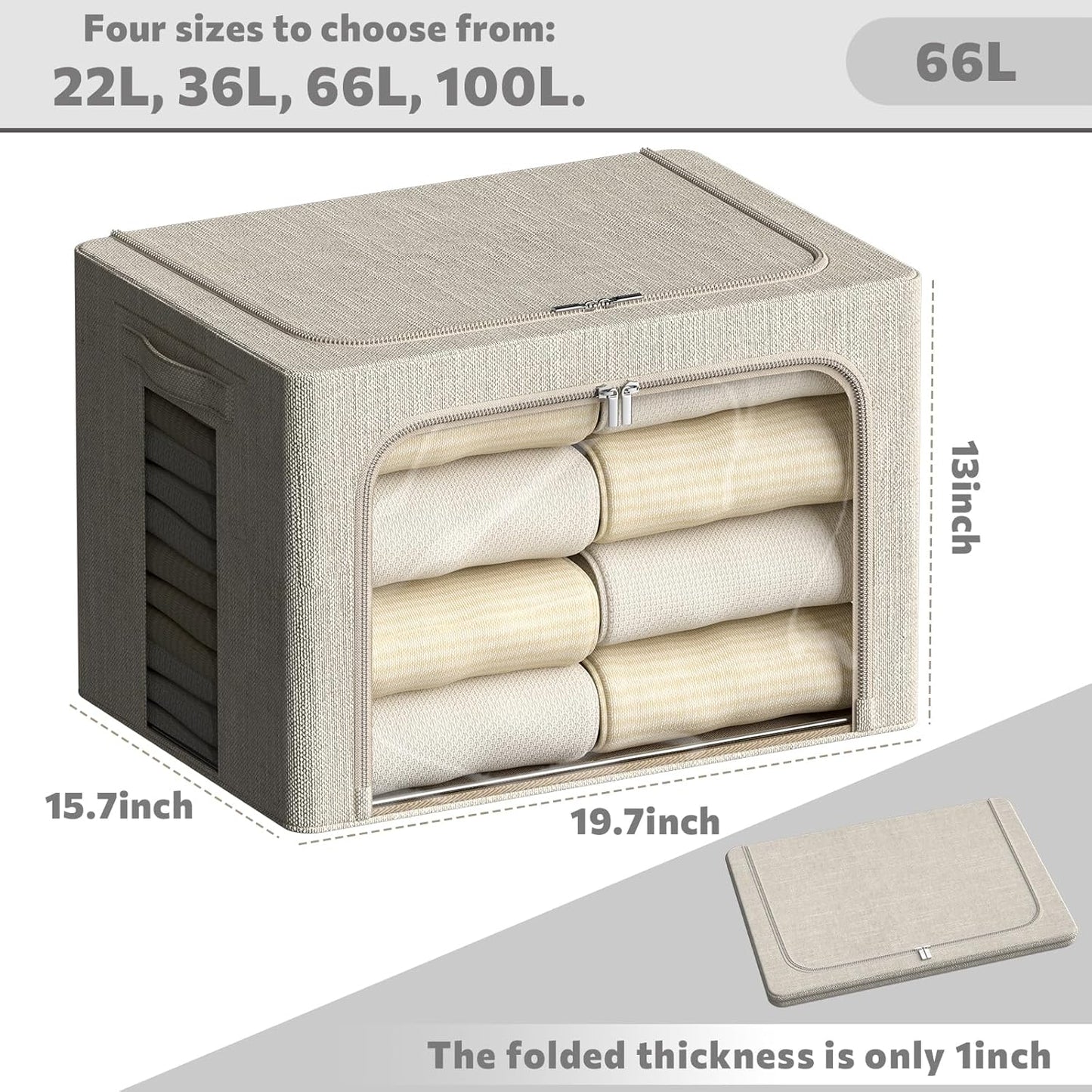 FHSQX 6 Pack Clothes Storage Bins with Metal Frame Foldable Storage Bins for Clothes Linen Fabric Storage Box with Clear Window (Beige, 19.7x15.7x13inch(66L))