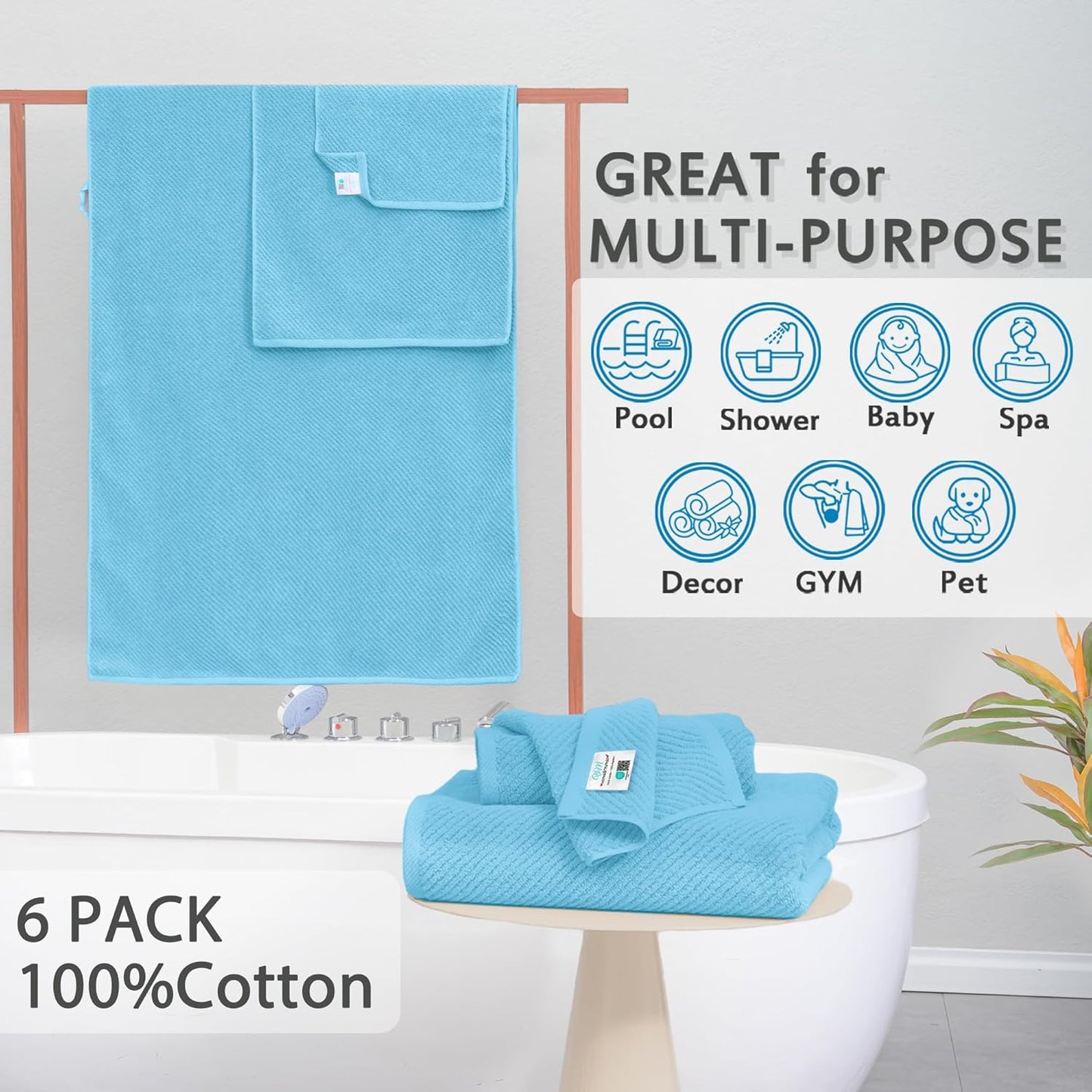 VOOVA & MOVAS Bath Towel Set, 4PC Large 30" x 56" - 100% Cotton | Quick Dry | Thick | Light Weight | Soft | Absorbency, Bath Towels Set for Bathroom, Bathroom Essentials, Ocean Blue
