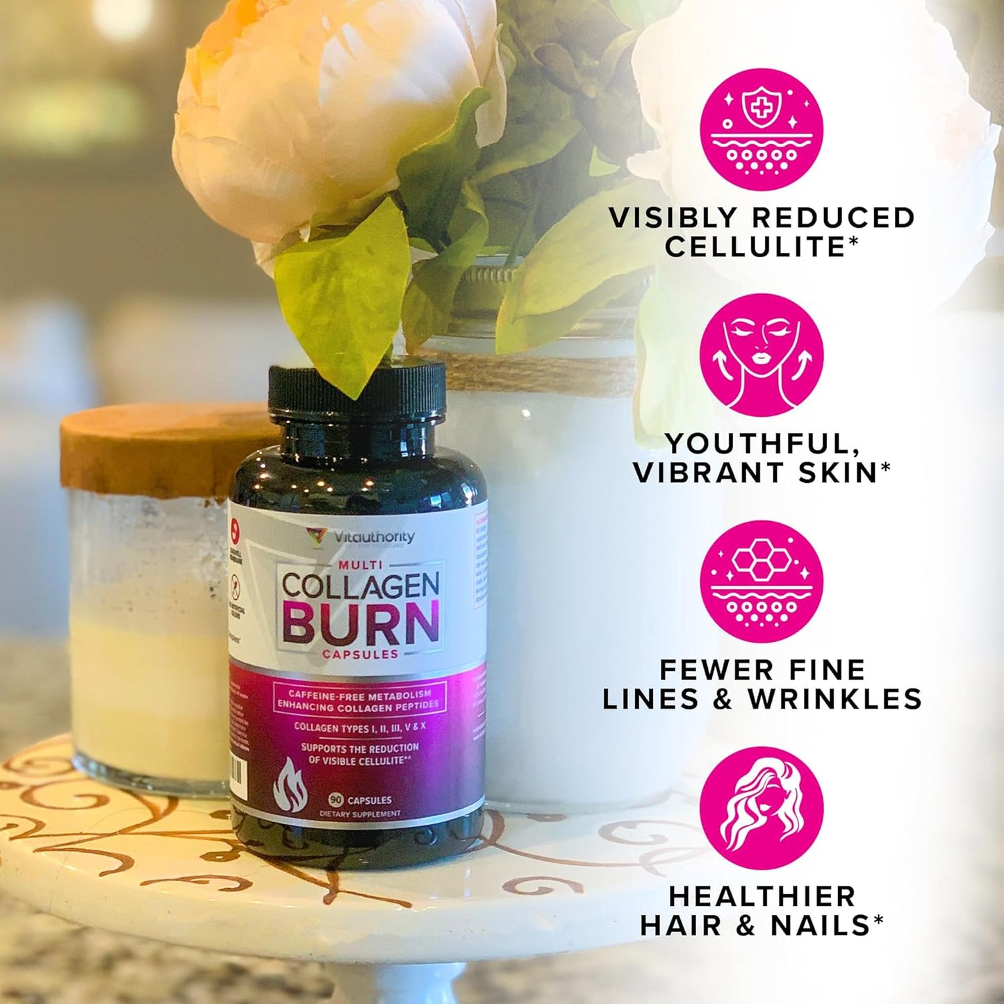 Multi Collagen Burn: Multi-Type Hydrolyzed Protein Peptides with Hyaluronic Acid, Vitamin C, SOD B Dimpless, Types I, II, III, V and X, Caffeine-Free (Unflavored Capsules)