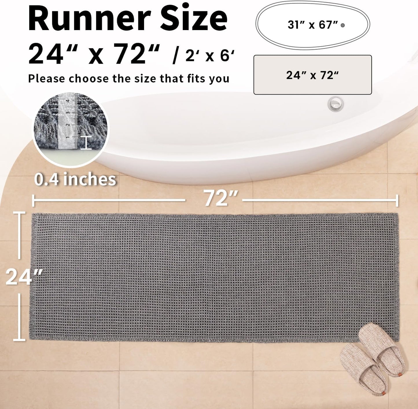 Waffle Runner Bath Mat - Long Boho Bathroom Rugs Non Slip Washable, Super Absorbent & Quick Dry, Soft Bath Mat Farmhouse Bathroom Decor, 24'' x 72'', Dark Grey