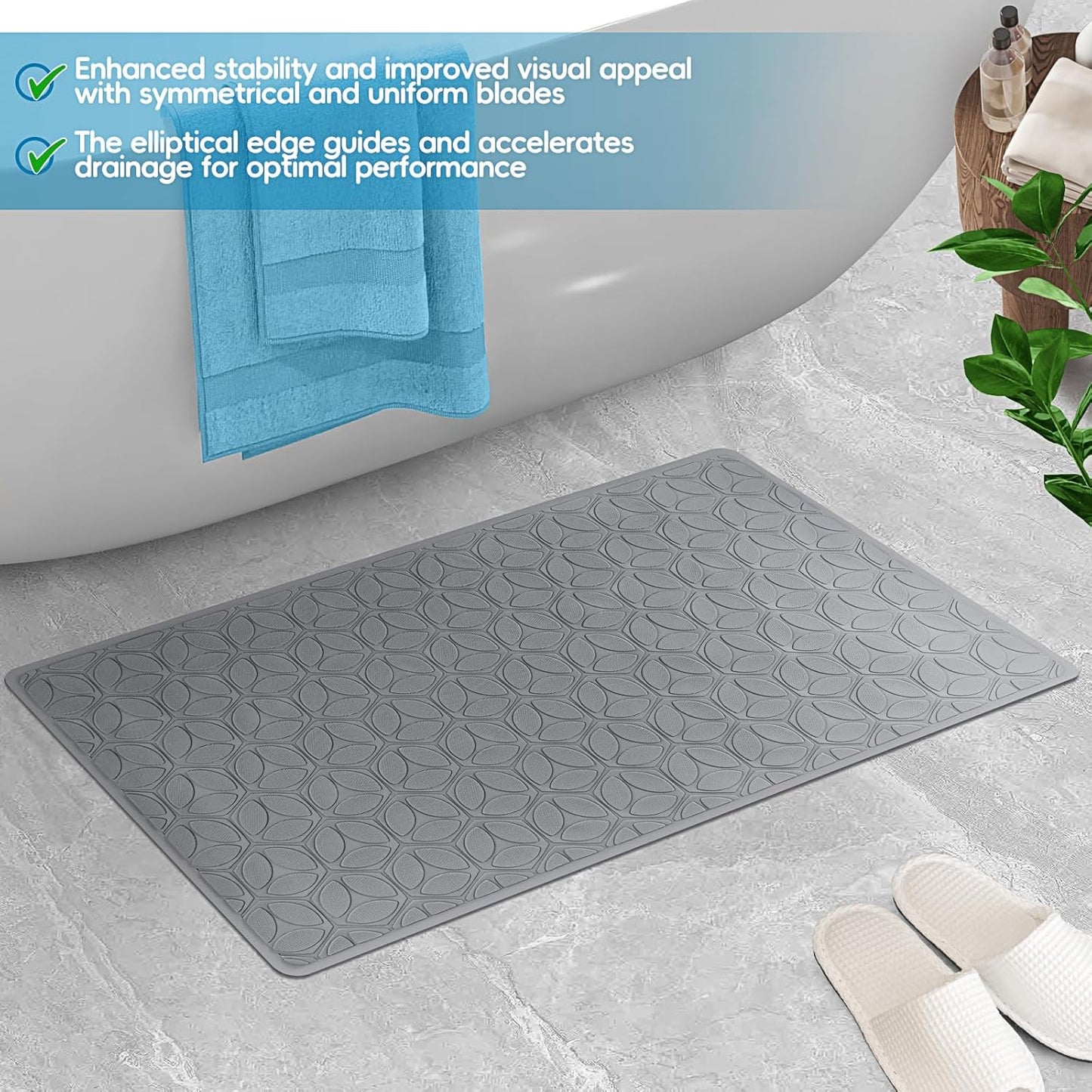 WRISIN Bathtub Mat Non Slip with Suction Cups - 100% Rubber Bathroom Mat Textured for Bath Tub Shower Safety - Soft on Touch - BPA/PVC Free - Pet Dog Bath Mat - Machine Washable - 16 × 28 Inch（Gray）