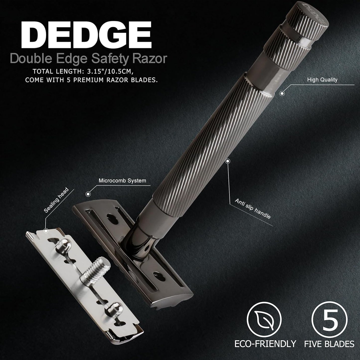 DEDGE Classic Double Edge Safety Razor Single Blade Razor For Men, Reusable Razor, with 5 Premium Razor Blades(Black)