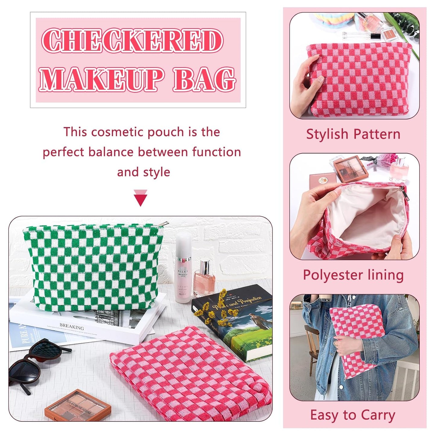 ZLFSRQ 2Pcs Checkered Makeup Bag for Women Large Capacity Cosmetic Bag Set Travel Makeup Pouch for Purse Zipper Toiletry Organizer Cute Y2K Aesthetic Trendy Skincare Storage Organizer(Pink/Green)