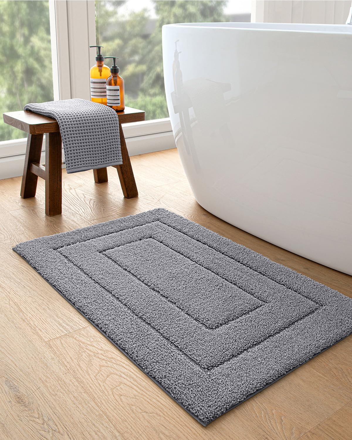DEXI Bathroom Rug 24x16, Non Slip Washable Bath Mat for Shower Floor, Absorbent Soft Bathmat with Rubber Backing, Quick Dry Microfiber Carpet, Grey