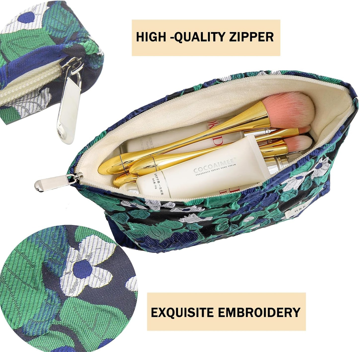 2 Pcs Makeup Bags, Large Cosmetic Bag Travel Toiletry Bag Organizer for Women, Embroidery Craft, Floral Makeup Bag Small Cosmetic Pouch Purse with Zipper Gifts for Girls Teen