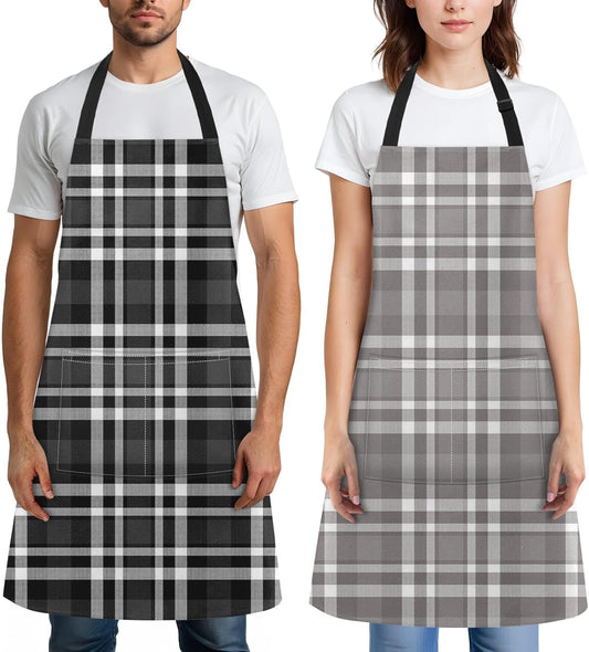 Britimes 2 Pack Aprons, Plaid Grid Geometric Adjustable Bib Aprons with 2 Pockets for Women Men Couple Lovers Chef Home Kitchen Cooking Baking Gardening Black Gray Apron 32x28 Inches