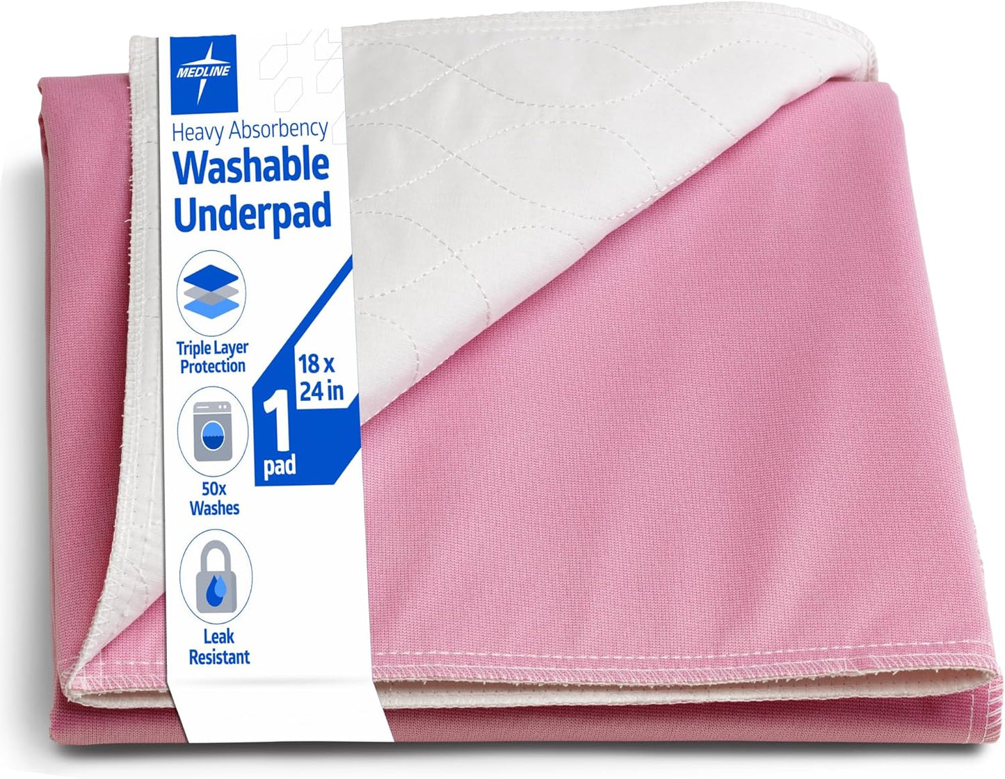 Medline Sofnit 300 Reusable Underpad, Pink/White, 18" x 24" - Moderate Absorbency, Leak-resistant Protection