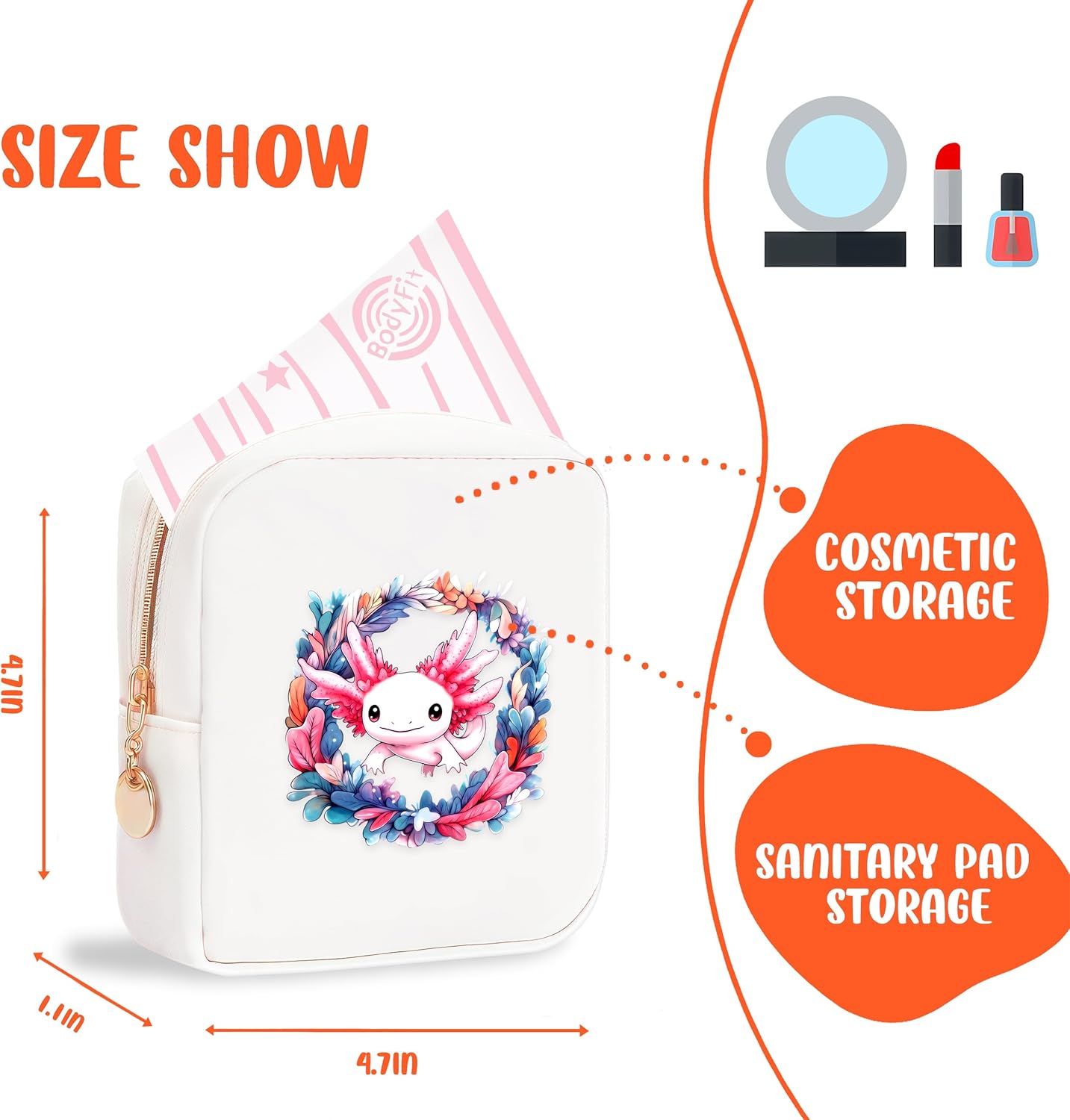 Axolotl Mini Makeup Bag, Axolotl Gift For Women Girls, Cute Portable Zipper Pouch Cosmetic Bag For Teen Girls Kids, Small Storage Bag For Sanitary Pad, Period napkin bag!