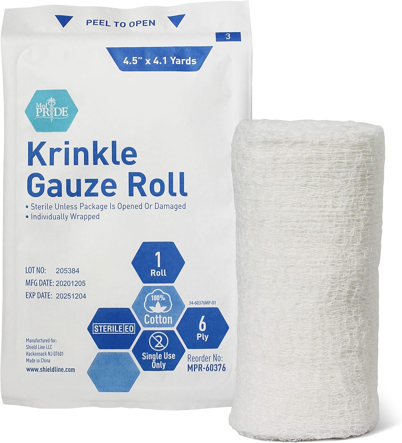 MED PRIDE Sterile Krinkle Gauze [6 Rolls]- 4.5'' x 4.1 Yards Rolls - Cotton Wound Dressing Sterile Wraps – 6-Ply Highly Absorbent First Aid Gauzes - Medical Individually Wrapped Mesh Bandage Gauzes