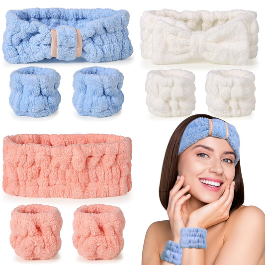 Spa Headband and Wristband Set - 3-Piece Skincare Headbands & 6-Piece Wrist Spa Wristbands for Women,Facial Hairbands for Washing Face, Makeup, Sports, Yoga, Headband for Washing Face