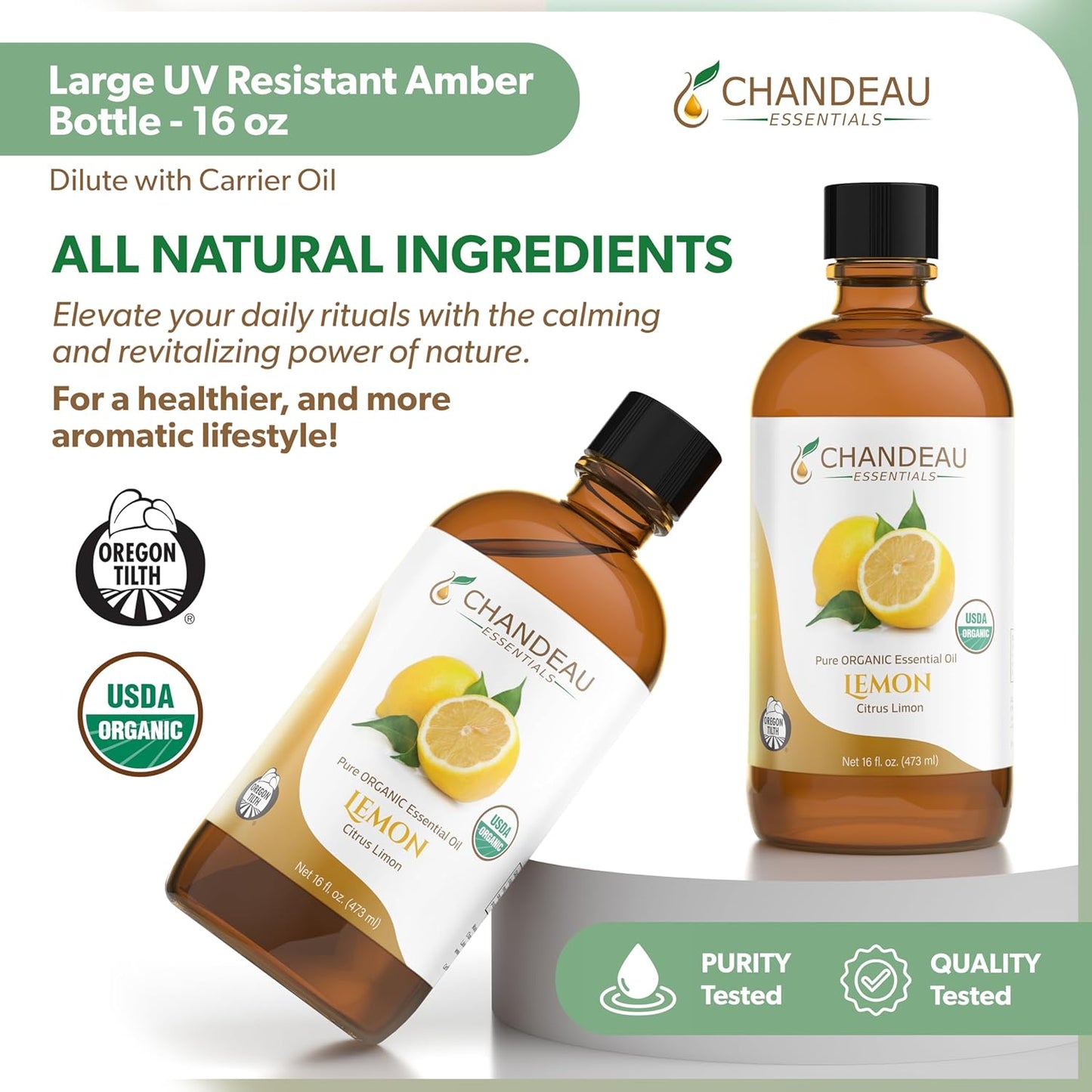 100% Pure Organic Essential Oil, Pure Lemon Essential Oil for Aromatherapy, Soap Making, Candles, Laundry, Perfume, Cleaners or Diffusers - Large Amber Glass Bottle, 16 oz.