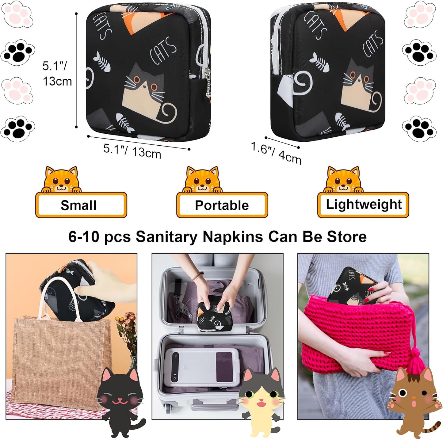 Period Bag Pouch, Canvas Sanitary Napkin Storage Bag for Girls Womens, Portable Sanitary Napkin Period Pad Pouch Bag for Purse, Small Make Up Bags(5170, Black)