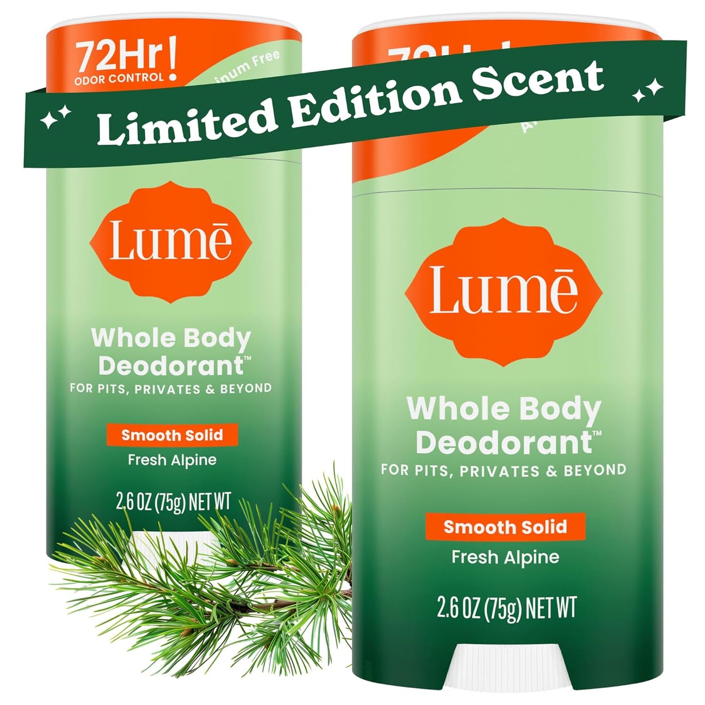 Lume Whole Body Deodorant - Smooth Solid Stick - 72 Hour Odor Control - Doctor Developed - Aluminum Free, Baking Soda Free and Skin Loving - 2.6 Ounce (Pack of 2) (Fresh Alpine)