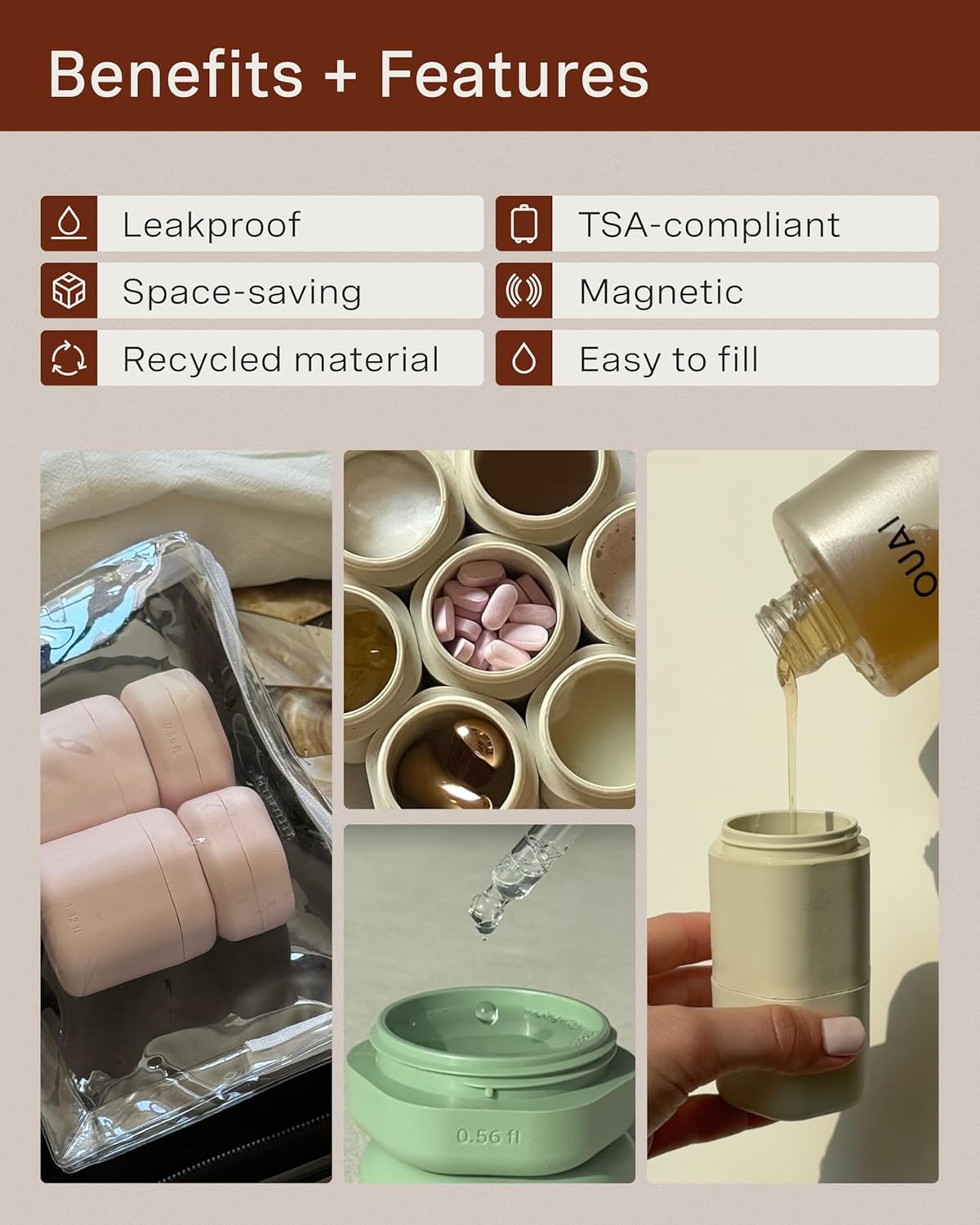 Cadence Travel Containers - Full Skincare Set - Magnetic Containers with Lids,Carry On Travel Essentials For Women/Men - 2 Small (0.56oz), 4 Medium Capsules (1.32oz), & Extender (1.43oz) - Petal