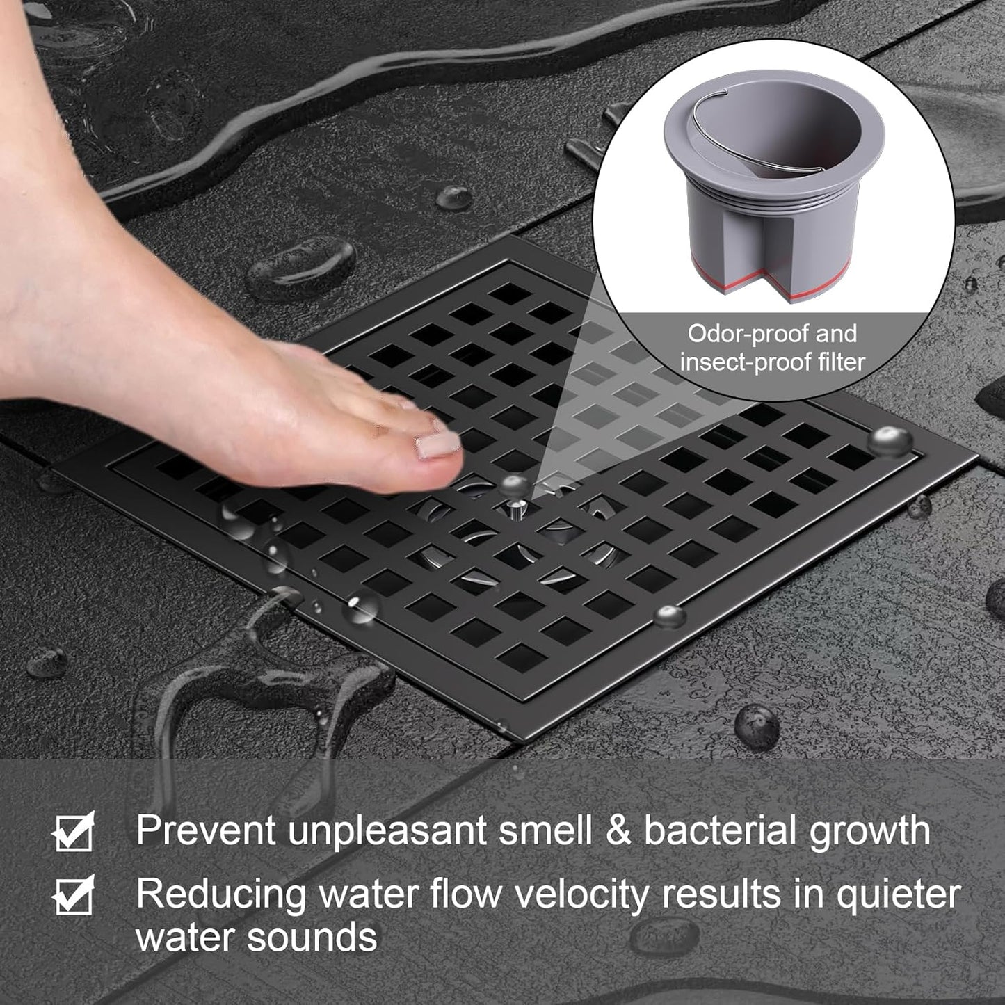 Square Shower Floor Drain with Flange, 6 Inch Matte Black Shower Drain Hair Catcher, SUS304 Stainless Steel Floor Drain Strainer, Shower Drain Cover