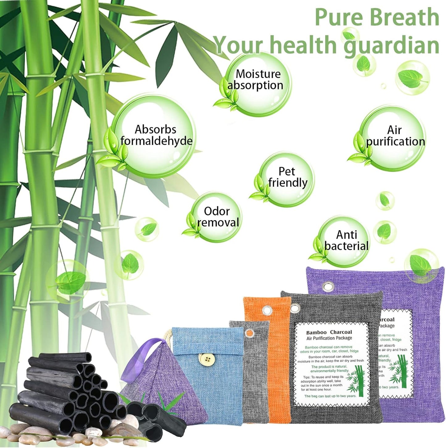 Charcoal Air Purifying Bags 6 Pack×200g Bamboo Charcoal Bags Odor Absorber, for Car Air Fresheners, Odor Eliminator for Home，Shoe Deodorizer - Colorful-Activated Charcoal Odor Absorbers