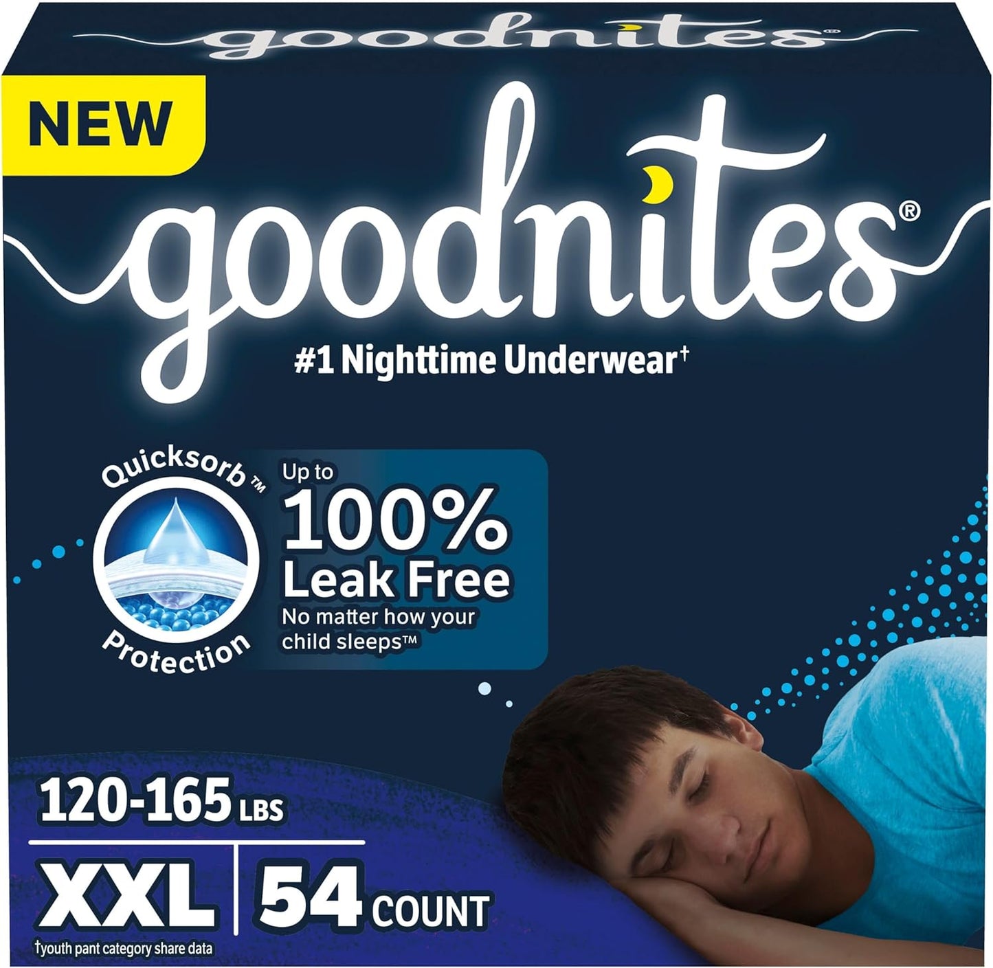 Goodnites Boys' Nighttime Underwear, Size XXL (120-165 lbs), 54 Ct, Packaging May Vary