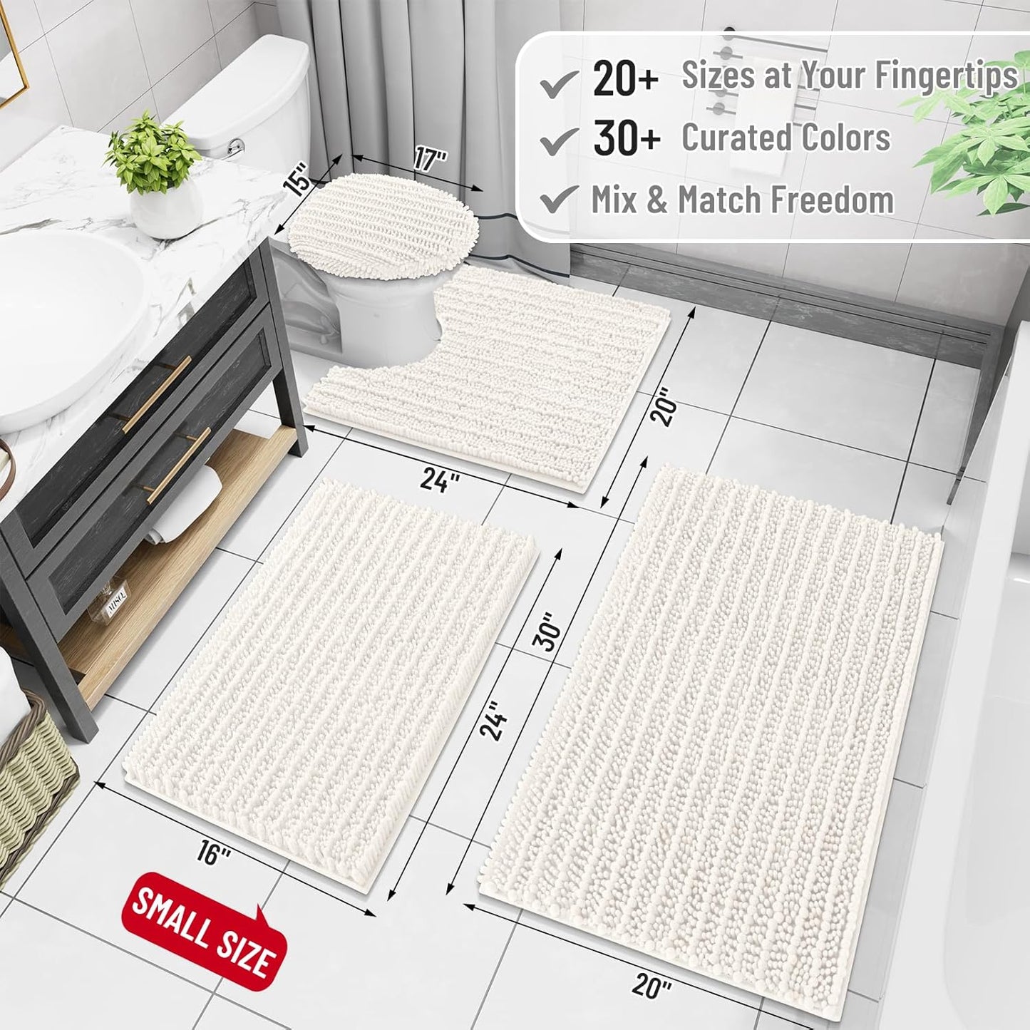 Arotive Luxury Round Chenille Bathroom Rug Mat, Extra Soft Thick Absorbent Shaggy Bath Rugs, Non-Slip Machine Wash Dry Plush Bath Mats for Bathroom, Shower and Tub, 24x24, Ivory