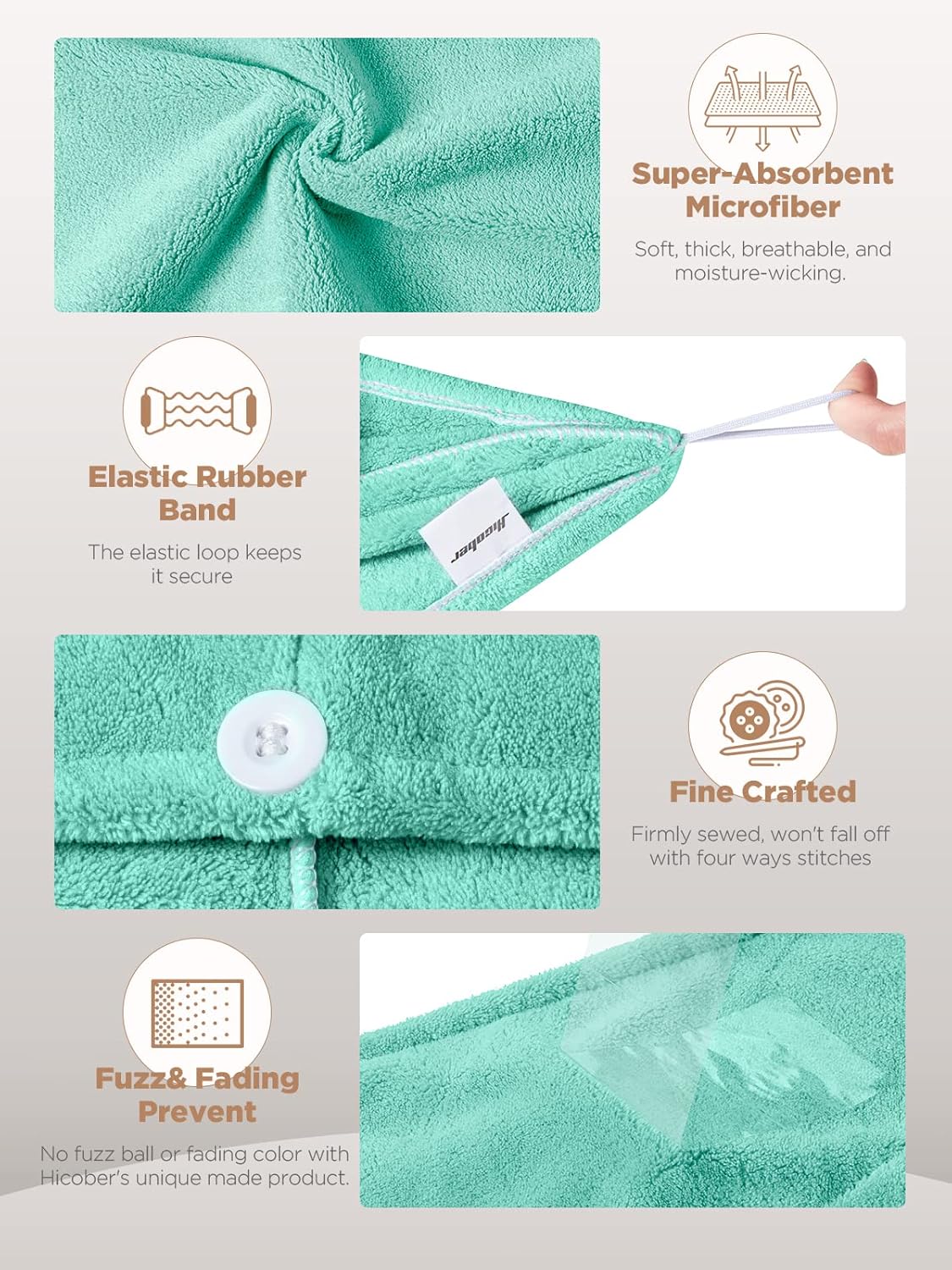 Hicober Microfiber Towel, Turbans for Wet Hair, Drying Wrap Towels for Curly Hair Women Towel Wrap for Kids-Purple,Green,Grey-Pack of 3