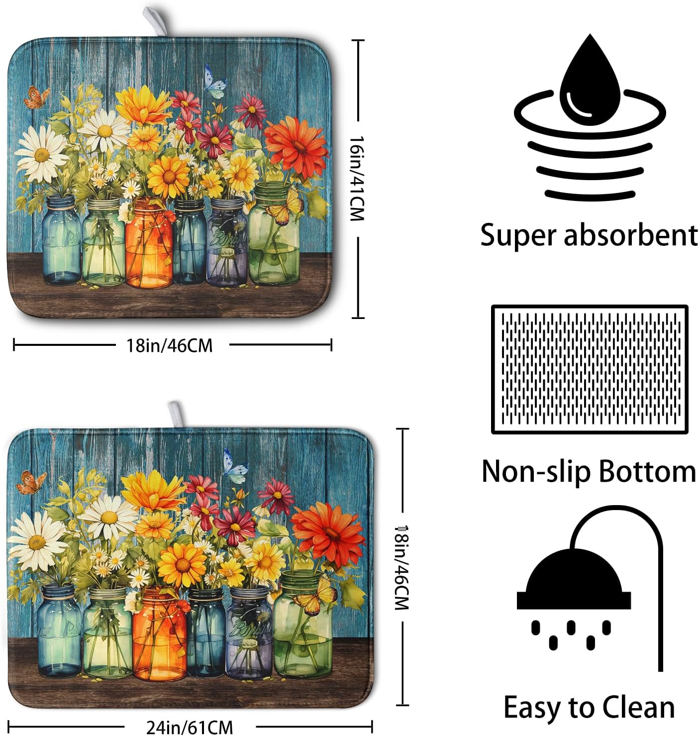 Daisy Dish Drying Mat for Kitchen Counter 16x18 Inch Rustic Vintage Flower Vases Drying Mats Microfiber Absorbent Dishes Drainer Mats Farmhouse Floral Wooden Board Dish Rack Pad