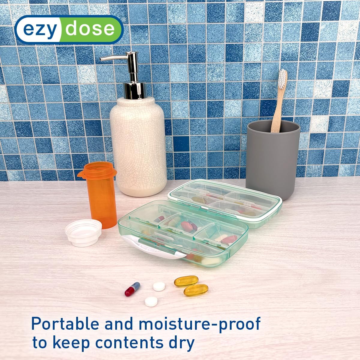 EZY DOSE Moisture-Proof Pill Case, Medicine Planner, Vitamin Organizer Box, Travel-Friendly, Latch-Closure to Secure Contents, 8 Individual Compartments of Multiple Sizes with Tight Seal, Large, Green