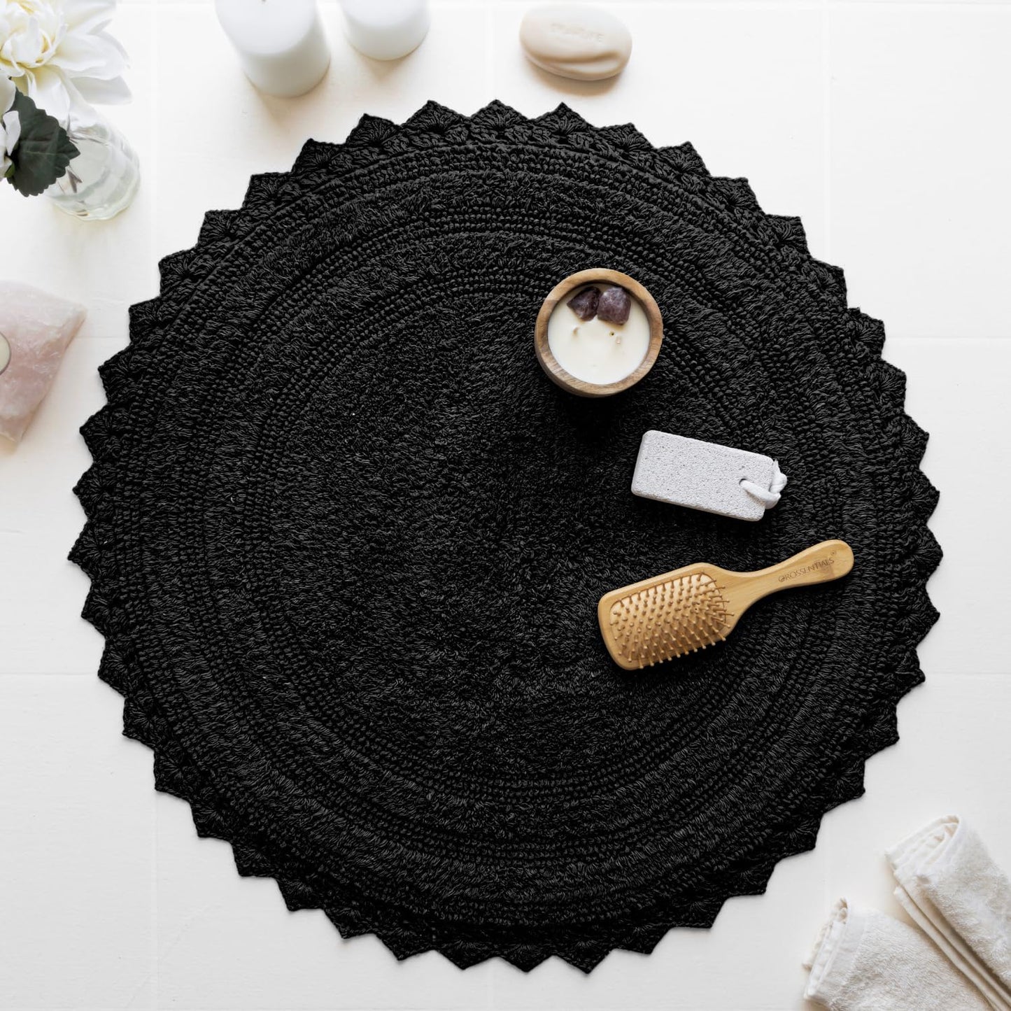 RAJRANG Black Cotton Circle Bath Mat – 24 Inches Round Reversible Rug with Crochet Detailing – Soft and Absorbent Boho Mat for Bathroom, Kitchen or Spa Use