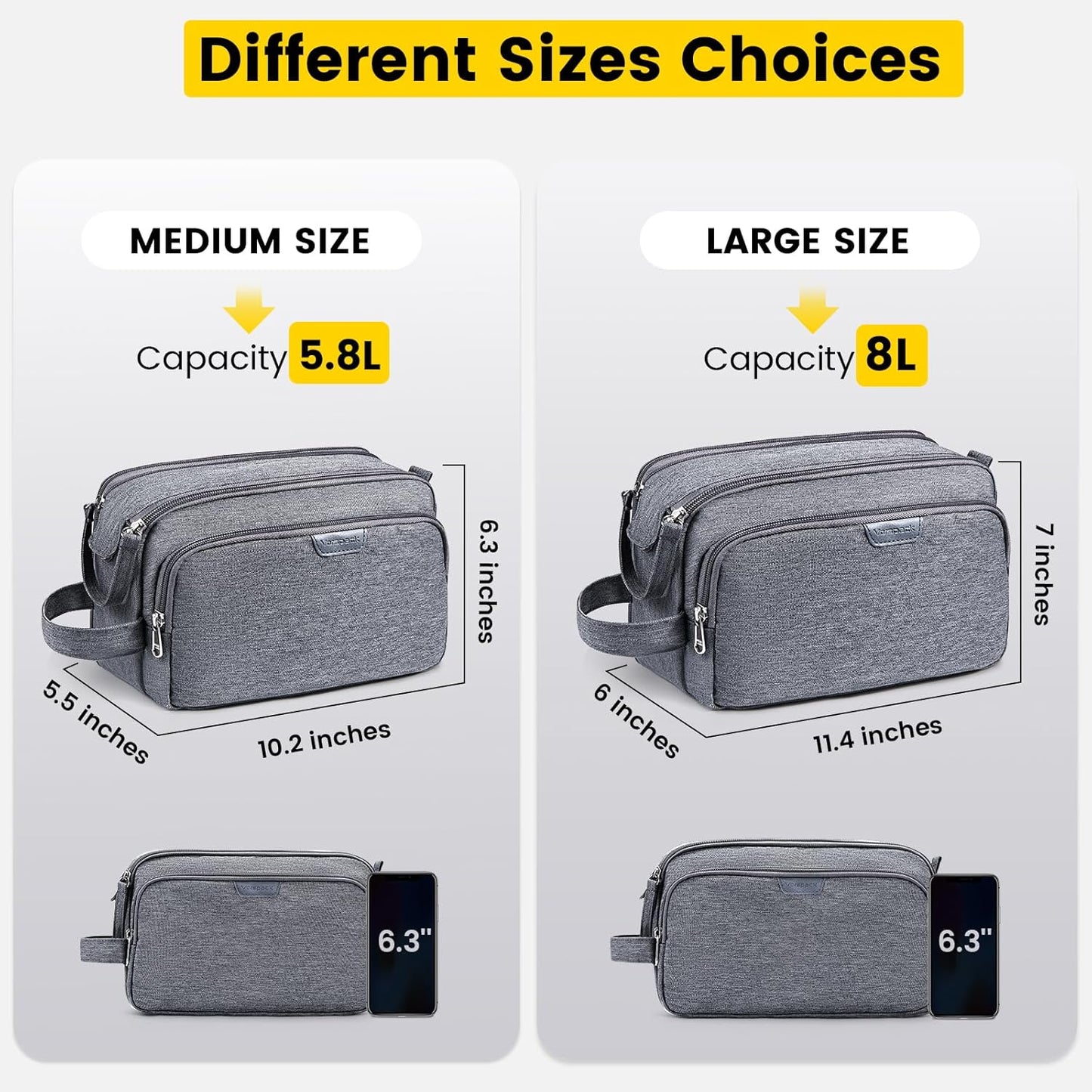 Vorspack Large Travel Toiletry Bag - Water Resistant Travel Bag for Toiletries, Cosmetics, Accessories, Gifts for Men - Grey