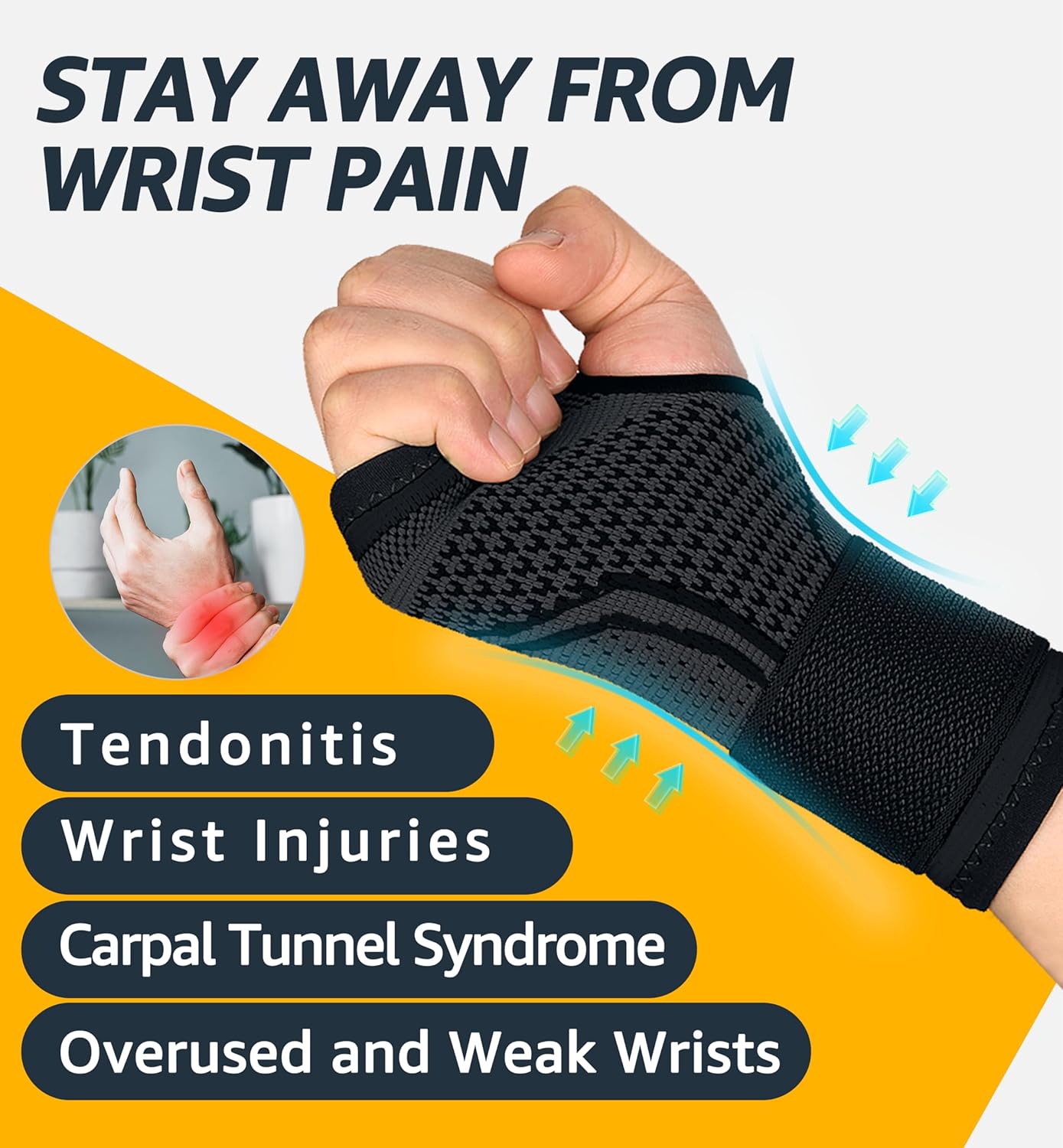 HiRui 2-Pack Wrist Brace Wrist Wraps, Hand Compression Sleeves with Wrist Straps Support for Fitness Weightlifting MTB Tendonitis Carpal Tunnel Arthritis Pain Relief (Black, Large)