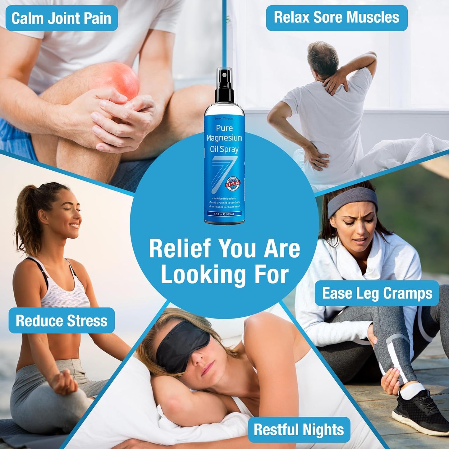 Seven Minerals Pure Magnesium Oil Spray, Big 12oz, USP Grade, Extra Strength, for Feet, Sleep, Muscle Pain & Cramps - Mined in The USA