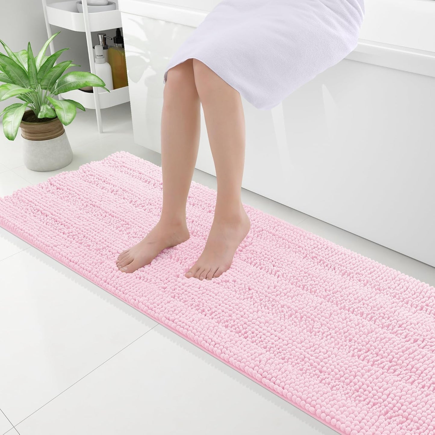 Grandaily Chenille Striped Bathroom Rugs 59x20, Extra Thick and Absorbent Bath Mats, Non-Slip Soft Plush Shaggy Shower Carpet, Machine Wash Dry, Bath Rug for Bathroom, Pink