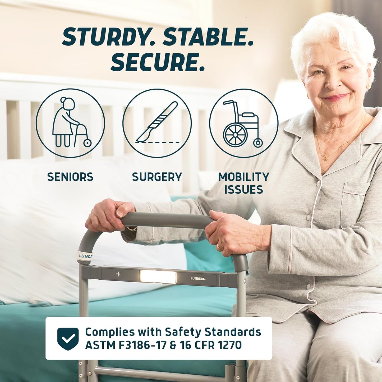 Lunderg Large Bed Assist Rail for Seniors with Motion-Activated Light & Non-Slip Bar - Easy to Install Bed Rails for Elderly Adults Safety & Post-Surgery - Helps Reduce Falls & Support Independence
