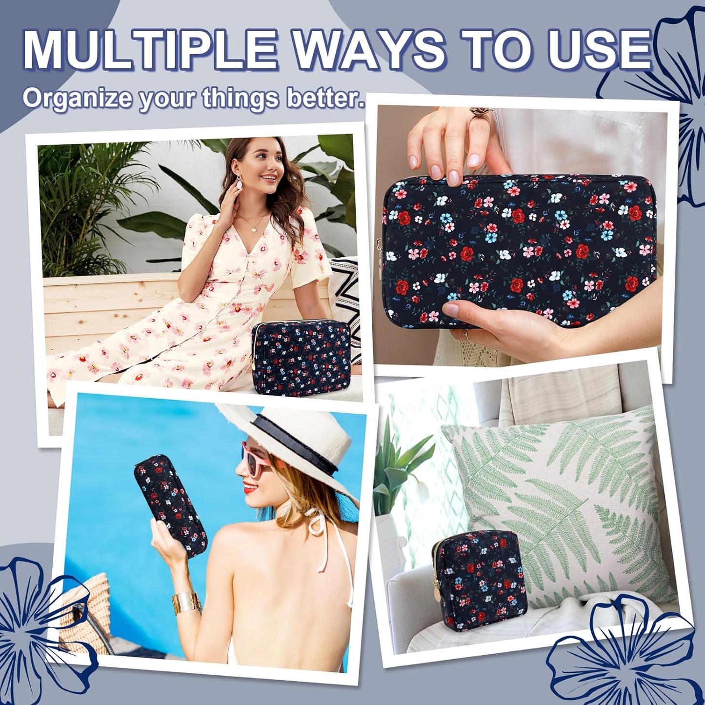 Waterproof Mini Floral Makeup Bag Pouch for Purse,Nylon Flower Cosmetic Travel Bag Small Preppy Toiletry Organizers Bag for Women Girl,Cute Zipper Pouch Coin Purse for Work(Mini Black-Flowers)