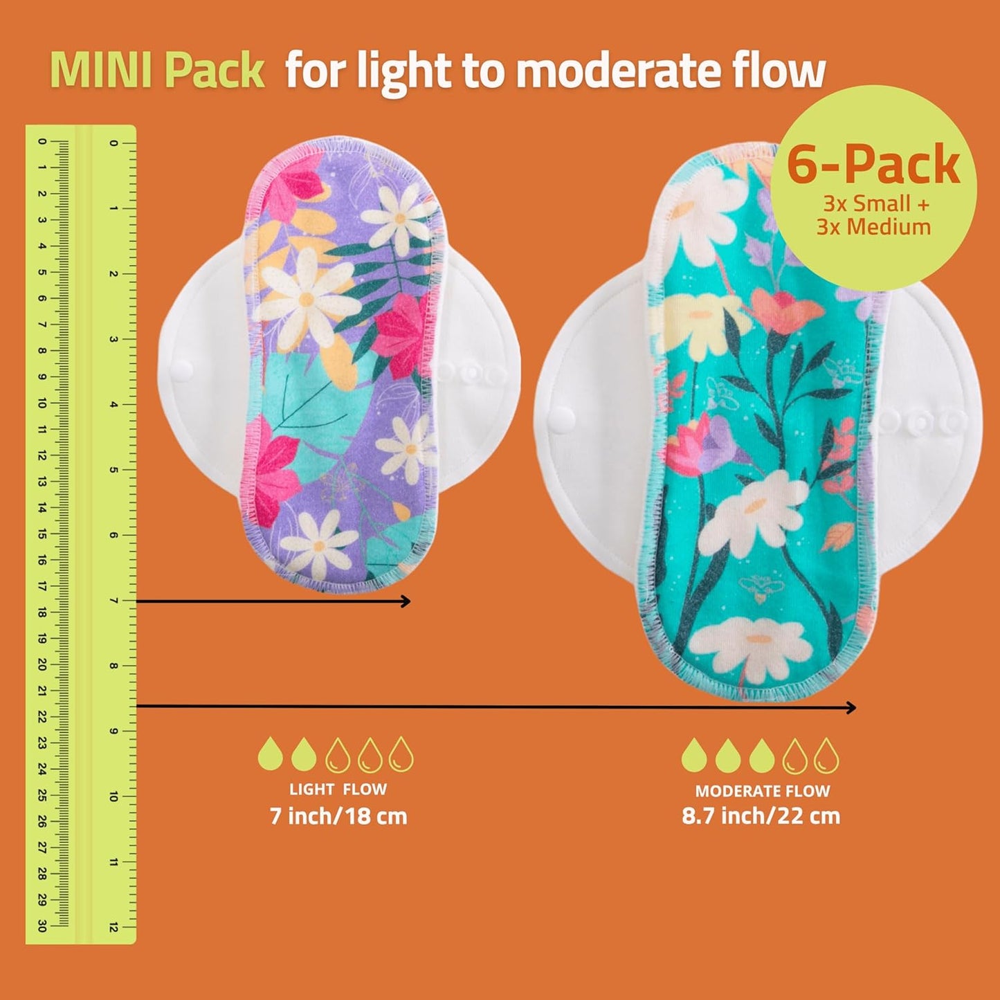 Non-Slip, (Premium) Reusable Menstrual Pads for Light Flow (6 Pack S+M) - Leak Proof & Odor Free Cotton Cloth Pads for Women & Teens - High-Temp Washable, Soft & Skin-Safe for All-Day Period Comfort