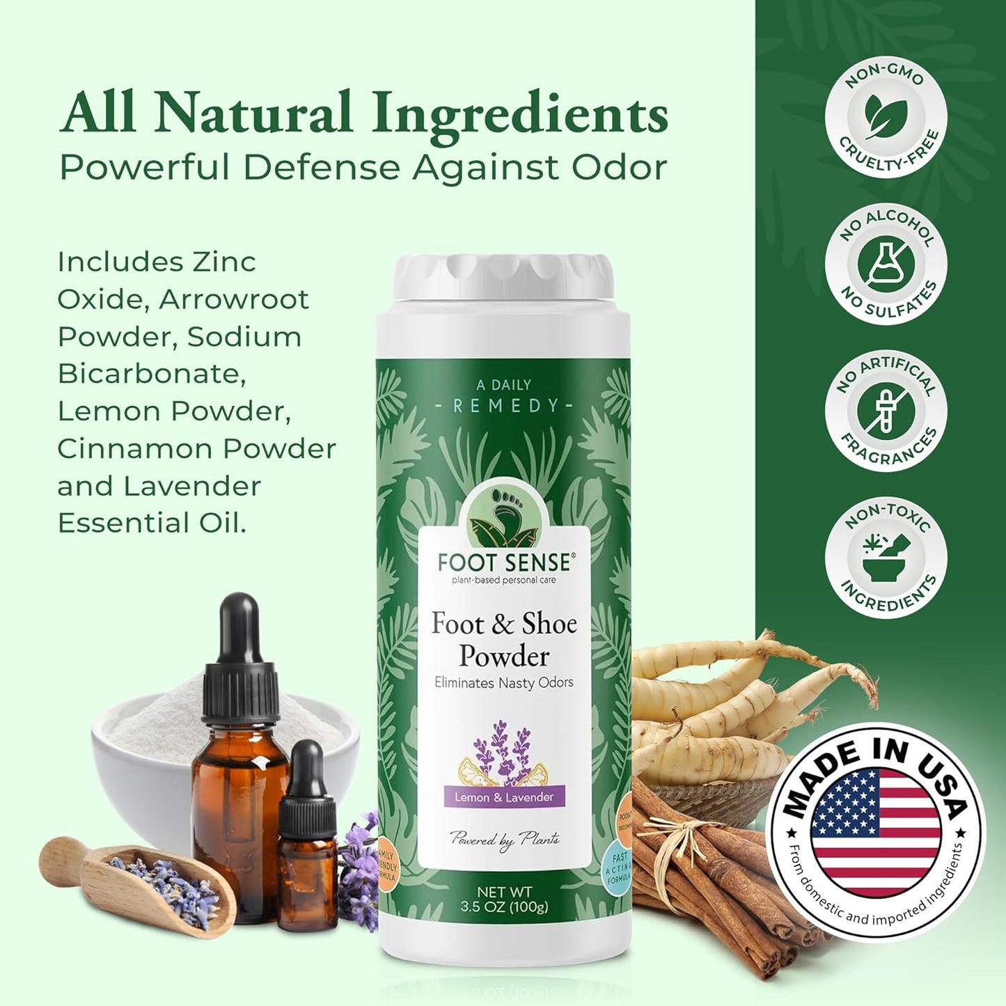 FOOT SENSE All Natural Foot & Shoe Powder, Foot Deodorant, Talc-Free, Odor Eliminator, Disinfects & Deodorizes, Long-Lasting up to 6 Months Safe for Men, Women, Kids, Athletes, 100g (2 Pack)