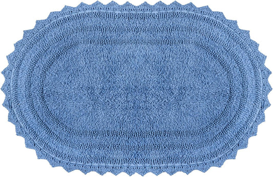 RAJRANG Bathroom Rug for Kitchen and Spa with Crochet Pattern Cotton Absorbent Soft Reversible Woven Bath Mat Parisian Blue Oval 34x21 Inches