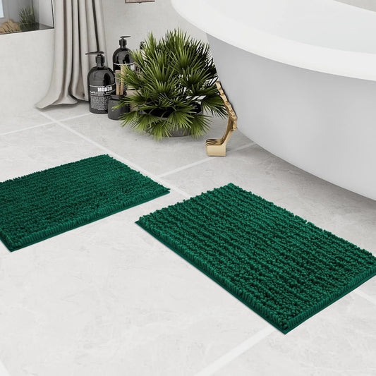 Walensee Bathroom Rug 2 Pieces Set Non Slip Bath Mat (17x24 Plus 20x32 Inch Hunter Green) Water Absorbent Super Soft Shaggy Chenille Machine Washable Dry Extra Thick Perfect Carpet for Shower Floor