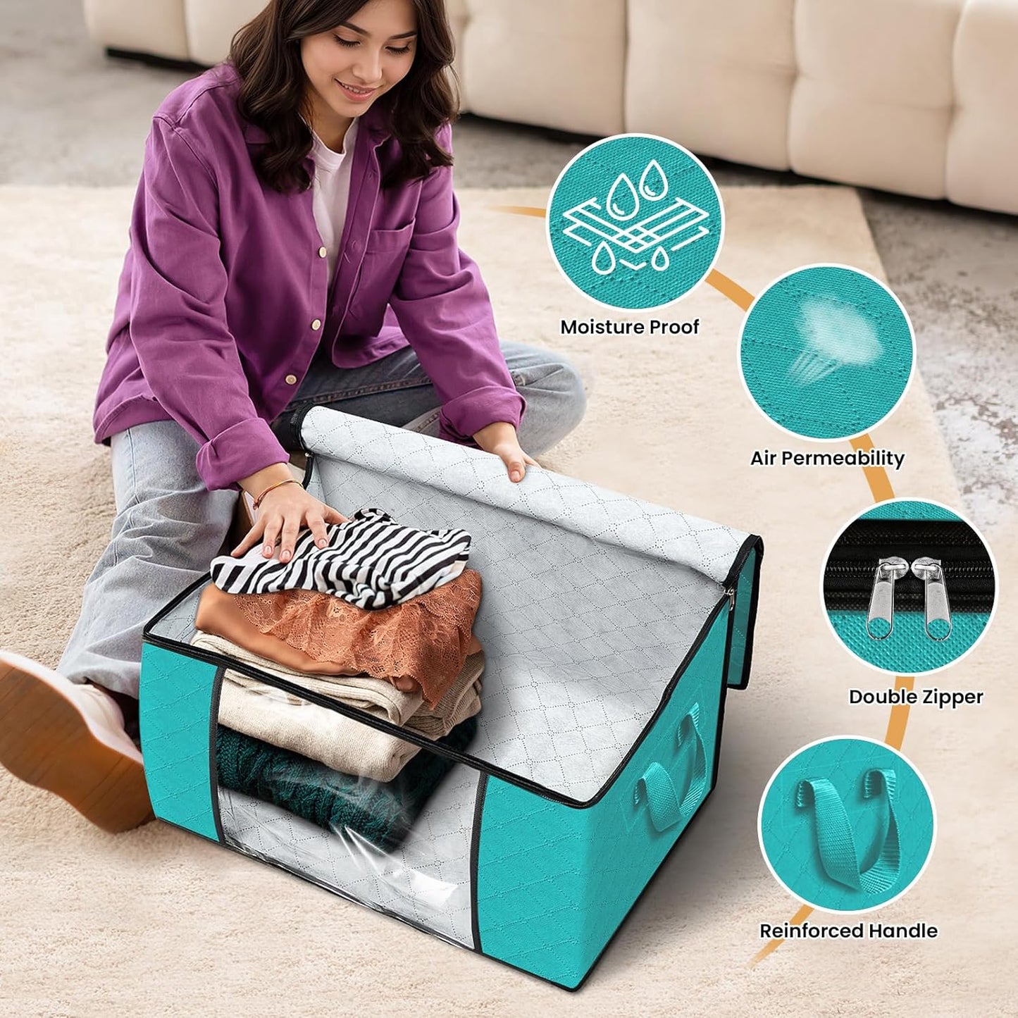 Fab totes 8 Pack Clothes Storage, Foldable Thick Fabric Blanket Storage Bags, Containers for Organizing Bedroom, Closet, Clothing, Comforter,Closet Organization with Handle,Green