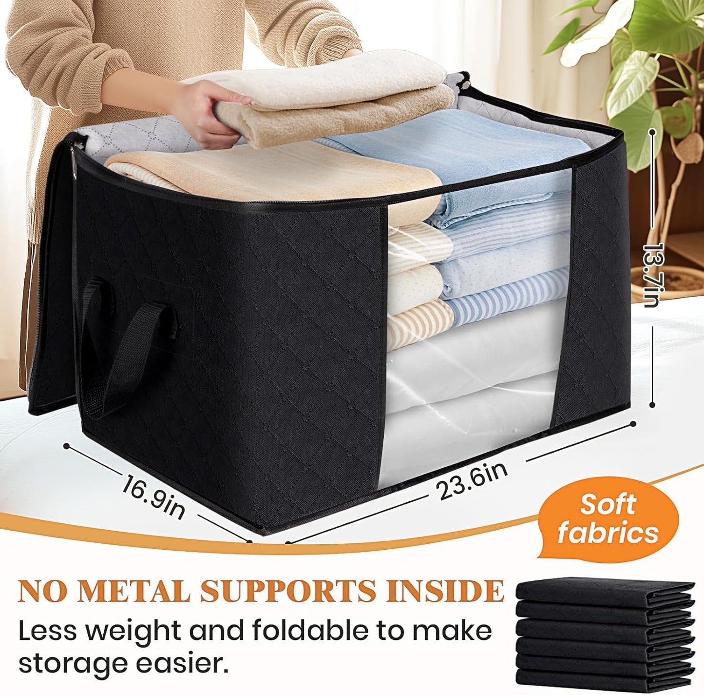 Fab totes 24 Gallons Clothes Storage, Foldable Thick Fabric Blanket Storage Bags, Containers for Organizing Bedroom, Closet, Clothing, Comforter, Organization with Handle (10 Pack,Black)